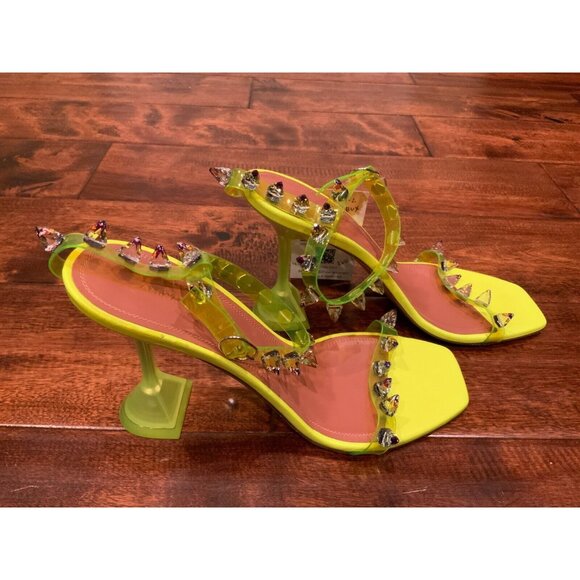 Amina Muaddi Neon Yellow Julia Heels W/ Spiked Ankle Strap, Size 40 (EU) 10 (US) - Picture 6 of 10
